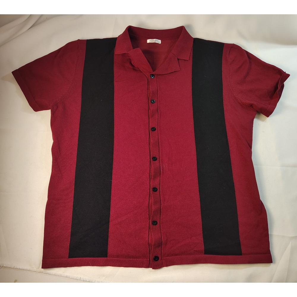 COOFANDY Retro Bowling Shirt Mens Vertical Stripe Red Black Cuban Collar 2XL‎